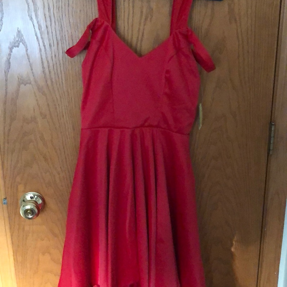 Pretty, red, high-low dress with pockets!